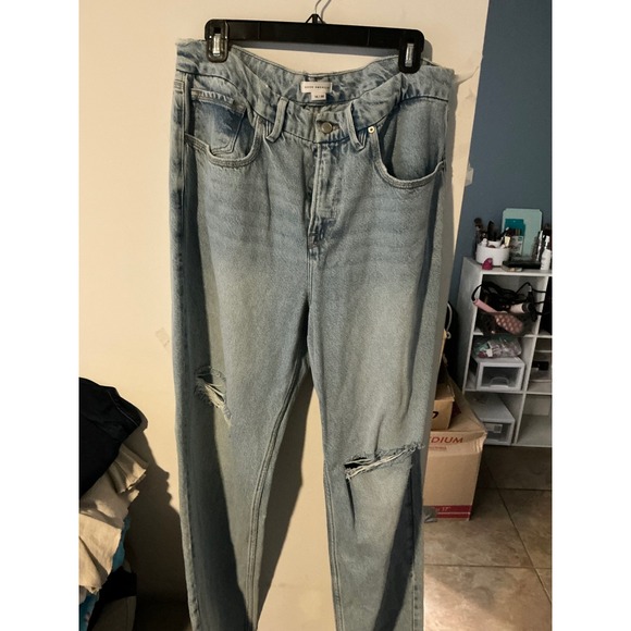 Good American Denim - Good American Good 90s Distressed Mid Rise Straight Leg Jeans Light Blue 14/32